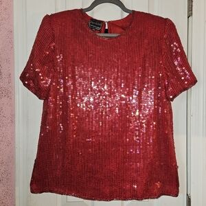 Glamorous Red Sequin Short Sleeve Top